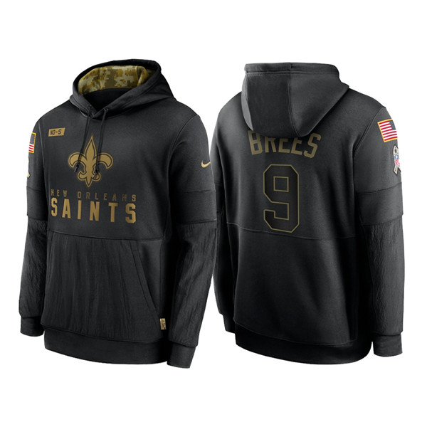 Men's New Orleans Saints #9 Drew Brees 2020 Black Salute to Service Sideline Performance Pullover Hoodie